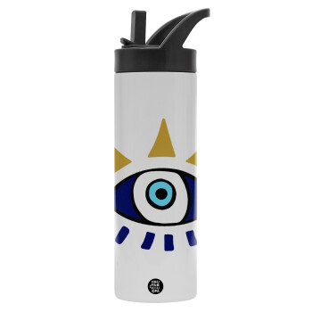 blue evil eye, Metallic thermos bottle with straw & handle, stainless steel (Stainless steel 304), double-walled, 600ml.