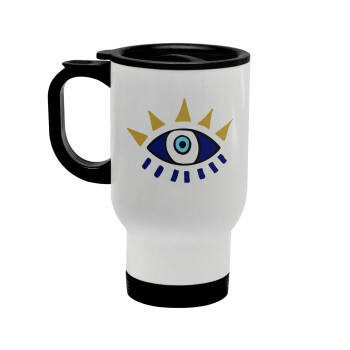 blue evil eye, Stainless steel travel mug with lid, double wall white 450ml