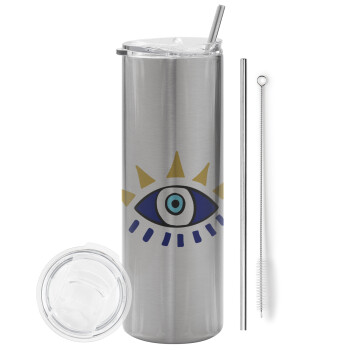 blue evil eye, Eco friendly stainless steel Silver tumbler 600ml, with metal straw & cleaning brush