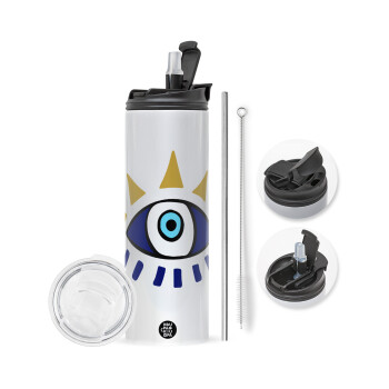 blue evil eye, Travel Tumbler 2 Lids, with metal straw & cleaning brush (Stainless steel 304 Food grade, BPA free, 600ml)