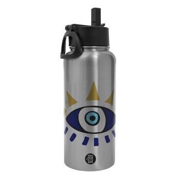 blue evil eye, Metal mug thermo Silver with Straw and Spout Lid (Stainless steel), double wall, 950ml