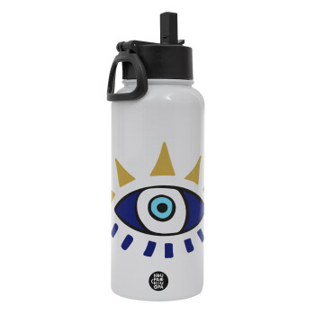 blue evil eye, Metal mug thermo White with Straw and Spout Lid (Stainless steel), double wall, 950ml