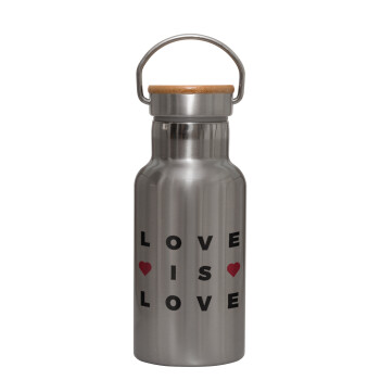 Love is Love, Stainless steel metallic thermos flask, silver with a bamboo lid, double-walled, 350ml.