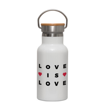 Love is Love, Μεταλλικό παγούρι θερμός (Stainless steel) Λευκό με ξύλινο καπακι (bamboo), διπλού τοιχώματος, 350ml
