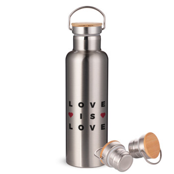 Love is Love, Μεταλλικό παγούρι θερμός (Stainless steel) Ασημένιο με ξύλινο καπακι (bamboo), διπλού τοιχώματος, 750ml