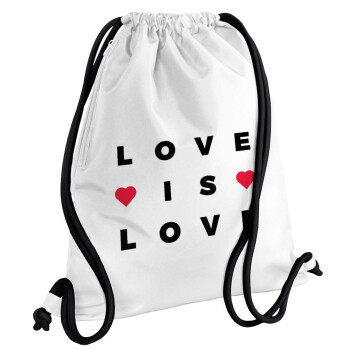 Love is Love, Backpack pouch GYMBAG white, with pocket (40x48cm) & thick cords