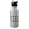 Water bottle Silver with straw, stainless steel 600ml