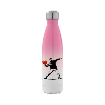 Banksy (The heart thrower), Metal mug thermos Pink/White (Stainless steel), double wall, 500ml