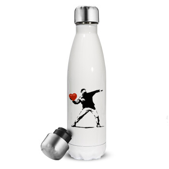 Banksy (The heart thrower), Metal mug thermos White (Stainless steel), double wall, 500ml