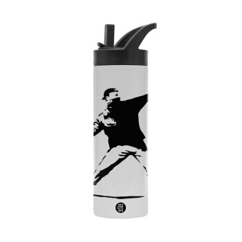 Banksy (The heart thrower), Μεταλλικό παγούρι θερμός με καλαμάκι & χειρολαβή, ανοξείδωτο ατσάλι (Stainless steel 304), διπλού τοιχώματος, 600ml