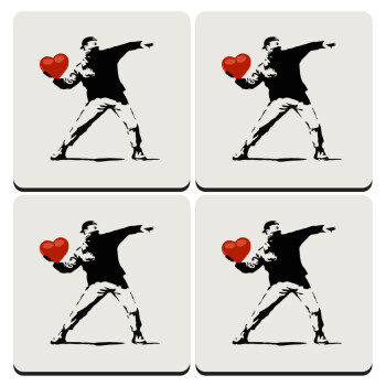 Banksy (The heart thrower), ΣΕΤ 4 Σουβέρ ξύλινα τετράγωνα (9cm)