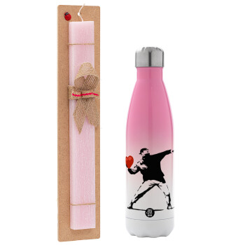 Banksy (The heart thrower), Easter Set, Metallic pink/white (Stainless steel) thermos, double-walled, 500ml & aromatic flat Easter candle (30cm) (PINK)