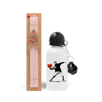 Banksy (The heart thrower), Easter Set, metallic aluminum bottle (500ml) & aromatic flat Easter candle (30cm) (PINK)