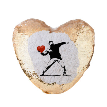 Banksy (The heart thrower), Μαξιλάρι καναπέ καρδιά Μαγικό Χρυσό με πούλιες 40x40cm περιέχεται το  γέμισμα
