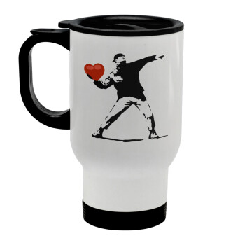 Banksy (The heart thrower), Stainless steel travel mug with lid, double wall white 450ml