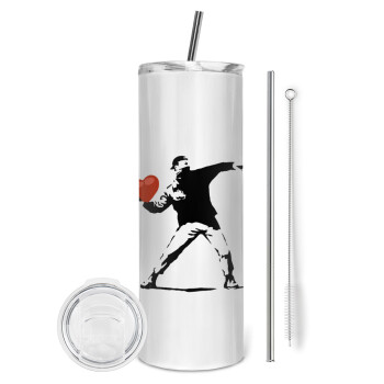 Banksy (The heart thrower), Eco friendly stainless steel tumbler 600ml, with metal straw & cleaning brush