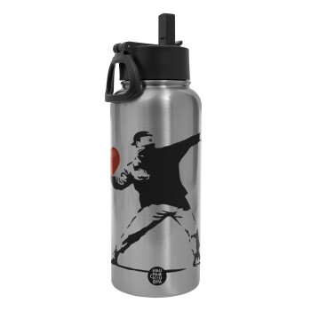 Banksy (The heart thrower), Metal mug thermo Silver with Straw and Spout Lid (Stainless steel), double wall, 950ml