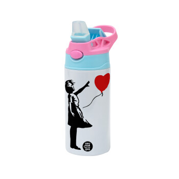 Banksy (Hope), Children's hot water bottle, stainless steel, with safety straw, Pink/BlueCiel (360ml) BPA FREE