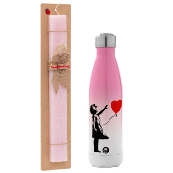 Banksy (Hope), Easter Set, Metallic pink/white (Stainless steel) thermos, double-walled, 500ml & aromatic flat Easter candle (30cm) (PINK)