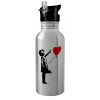 Water bottle Silver with straw, stainless steel 600ml