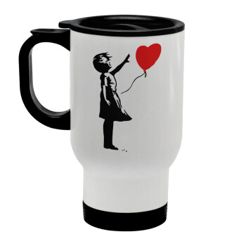 Banksy (Hope), Stainless steel travel mug with lid, double wall white 450ml