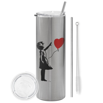 Banksy (Hope), Eco friendly stainless steel Silver tumbler 600ml, with metal straw & cleaning brush