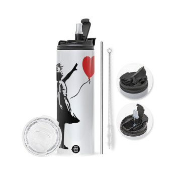 Banksy (Hope), Travel Tumbler θερμό με διπλό καπάκι, μεταλλικό καλαμάκι και βούρτσα καθαρισμού (Ανωξείδωτο 304 Food grade, BPA free, 600ml)