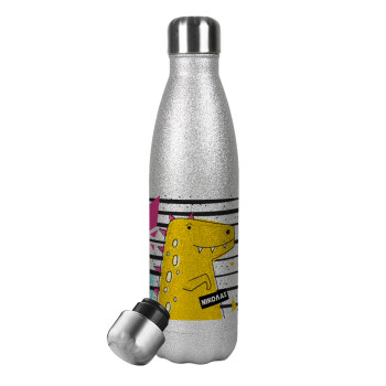 t-rex , Metallic Glitter Silver Thermos Flask (Stainless steel), double-walled, 500ml