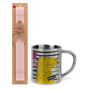 t-rex , Easter Set, metallic thermal cup (300ml) & aromatic flat Easter candle (30cm) (PINK)