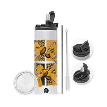 Simba, lion king, Travel Tumbler θερμό με διπλό καπάκι, μεταλλικό καλαμάκι και βούρτσα καθαρισμού (Ανωξείδωτο 304 Food grade, BPA free, 600ml)