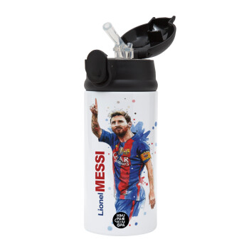 Lionel Messi, Children's hot water bottle, stainless steel, with safety straw, Black (360ml) BPA-FREE