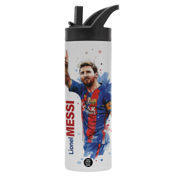 Lionel Messi, Metallic thermos bottle with straw & handle, stainless steel (Stainless steel 304), double-walled, 600ml.