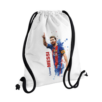 Lionel Messi, Τσάντα πλάτης πουγκί GYMBAG λευκή, με τσέπη (40x48cm) & χονδρά κορδόνια