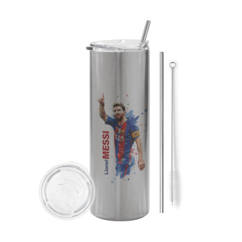Lionel Messi, Eco friendly stainless steel Silver tumbler 600ml, with metal straw & cleaning brush