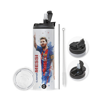 Lionel Messi, Travel Tumbler 2 Lids, with metal straw & cleaning brush (Stainless steel 304 Food grade, BPA free, 600ml)