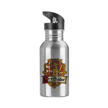 Gryffindor, Harry potter, Water bottle Silver with straw, stainless steel 600ml