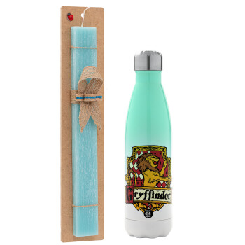 Gryffindor, Harry potter, Easter Set, Metallic green/white thermos (Stainless steel), double-walled, 500ml & scented flat Easter candle (30cm) (TURQUOISE)