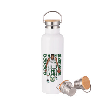 Giannis Antetokounmpo, Stainless steel White with wooden lid (bamboo), double wall, 750ml