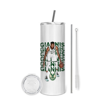 Giannis Antetokounmpo, Eco friendly stainless steel tumbler 600ml, with metal straw & cleaning brush