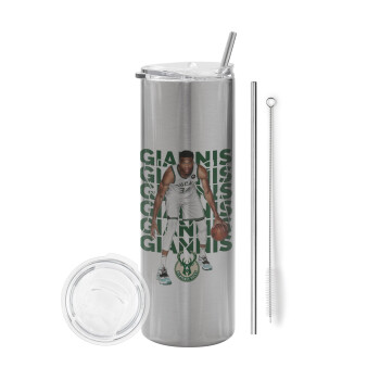 Giannis Antetokounmpo, Eco friendly stainless steel Silver tumbler 600ml, with metal straw & cleaning brush