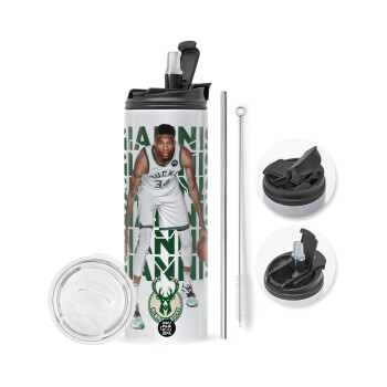 Giannis Antetokounmpo, Travel Tumbler 2 Lids, with metal straw & cleaning brush (Stainless steel 304 Food grade, BPA free, 600ml)