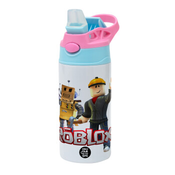 Roblox, Children's hot water bottle, stainless steel, with safety straw, Pink/BlueCiel (360ml) BPA FREE