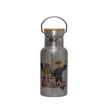 Roblox, Stainless steel metallic thermos flask, silver with a bamboo lid, double-walled, 350ml.