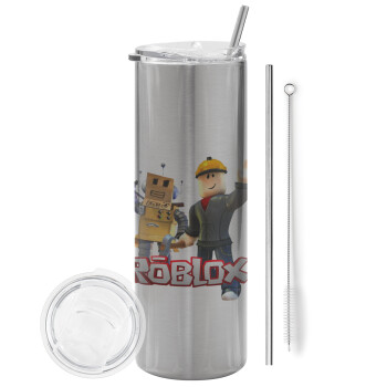 Roblox, Eco friendly stainless steel Silver tumbler 600ml, with metal straw & cleaning brush