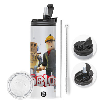 Roblox, Travel Tumbler θερμό με διπλό καπάκι, μεταλλικό καλαμάκι και βούρτσα καθαρισμού (Ανωξείδωτο 304 Food grade, BPA free, 600ml)