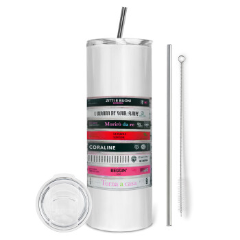 Maneskin Cassette, Eco friendly ποτήρι θερμό (tumbler) από ανοξείδωτο ατσάλι 600ml, με μεταλλικό καλαμάκι & βούρτσα καθαρισμού