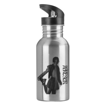 Maneskin Damiano David, Water bottle Silver with straw, stainless steel 600ml