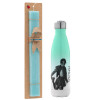 Easter Set, Metallic green/white thermos (Stainless steel), double-walled, 500ml & scented flat Easter candle (30cm) (TURQUOISE)