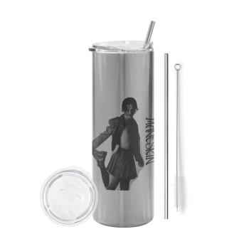 Maneskin Damiano David, Eco friendly stainless steel Silver tumbler 600ml, with metal straw & cleaning brush
