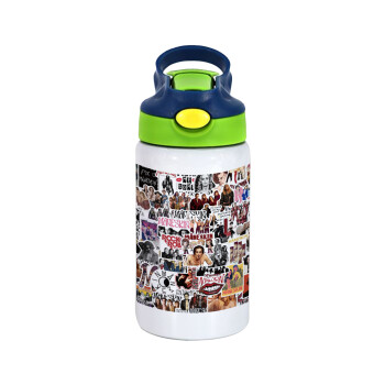 Maneskin stickers, Children's hot water bottle, stainless steel, with safety straw, green, blue (350ml)